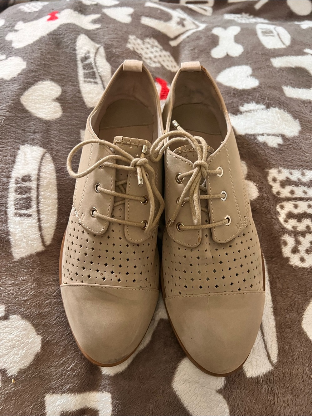 stradivarius Beige Perforated Lace-Up Flats 38